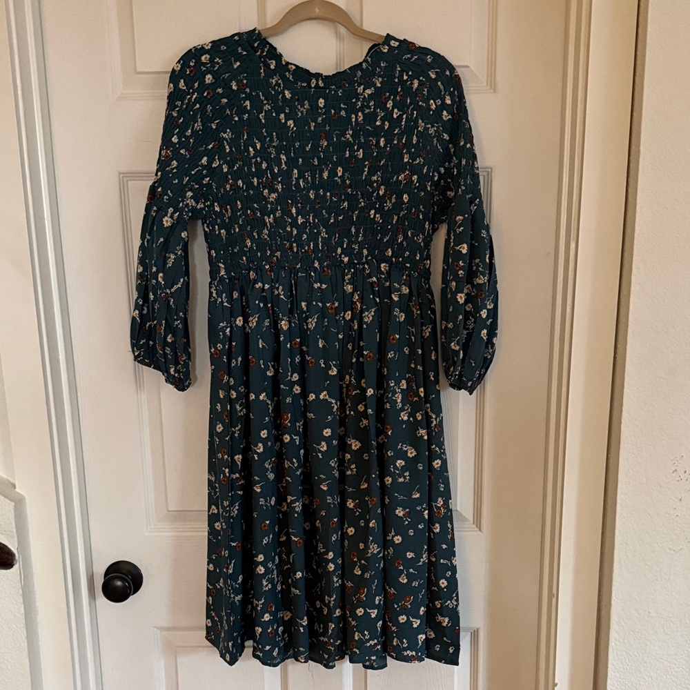 Floral Smocked Dress - Dark Green with brown and cream floral patterns